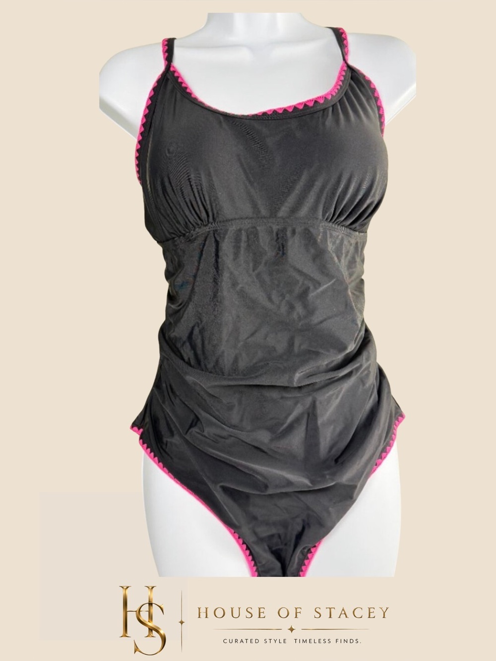 XL Black One Piece Swimsuit Pink Trim Ruched Tummy Control NWT